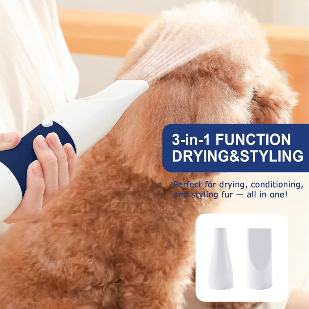 Pet Hair Dryer 3-in-1 with Brush, Portable Quiet Dog Cat Grooming Tool, 3 Heat Settings Overheat Protection, Blue