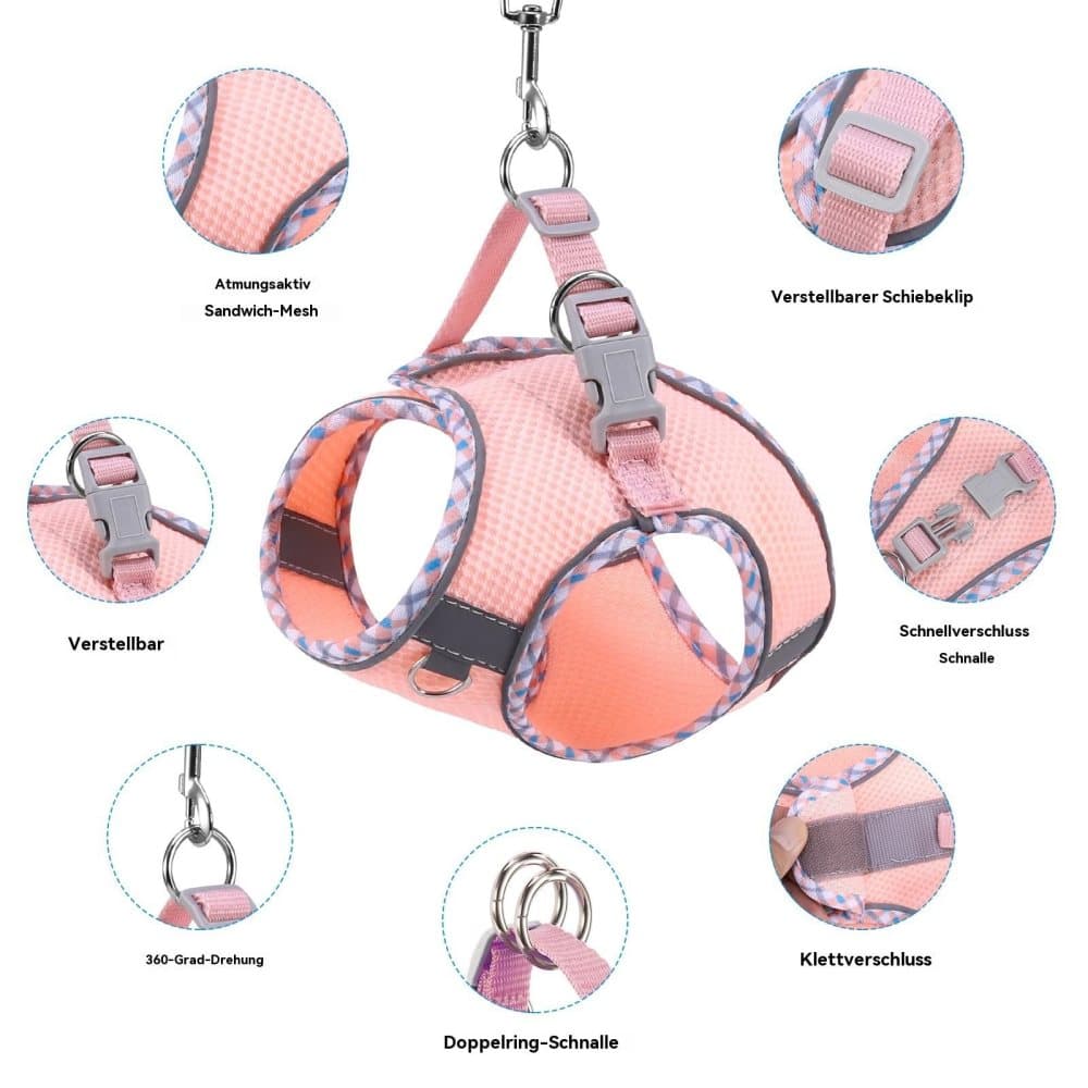 Adjustable Dog and Cat Harness with Leash Reflective Soft Secure Fit, L, Pink
