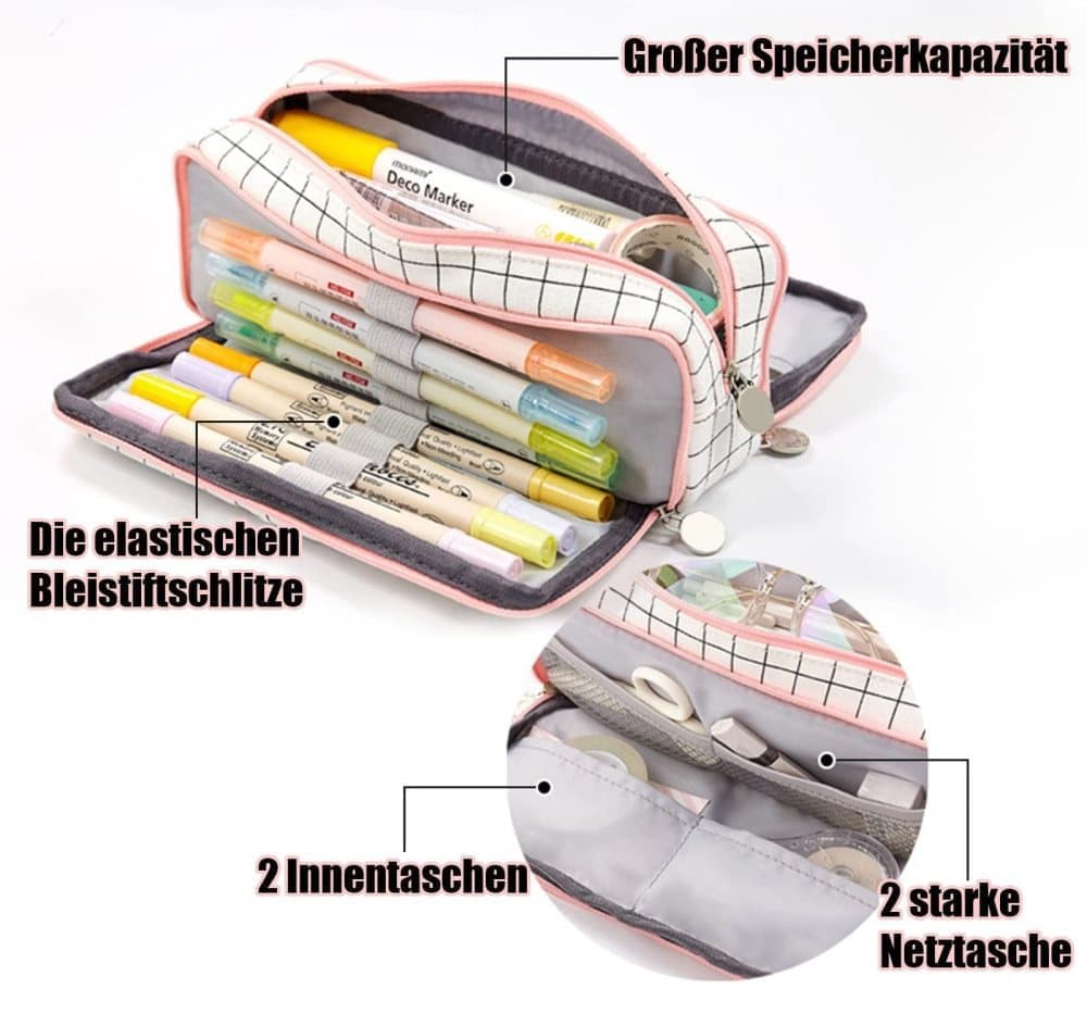 3 Compartments Large Pencil Case, 21x10cm, Multicolored, High Capacity Storage