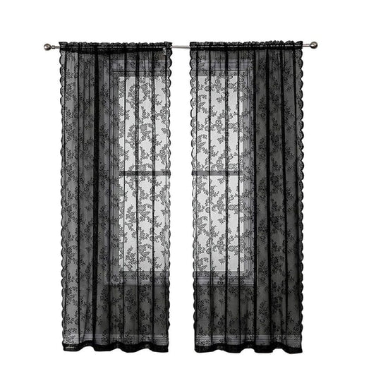 1 Pair Black Lace Curtain Semi-sheer Vintage Floral Pattern for Bedroom Living Room, 150cm x 200cm