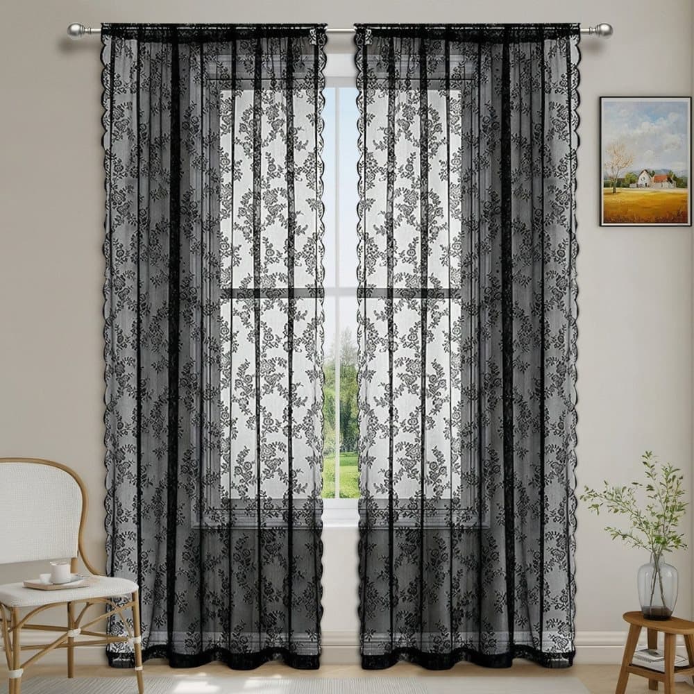 1 Pair Black Lace Curtain Semi-sheer Vintage Floral Pattern for Bedroom Living Room, 150cm x 200cm