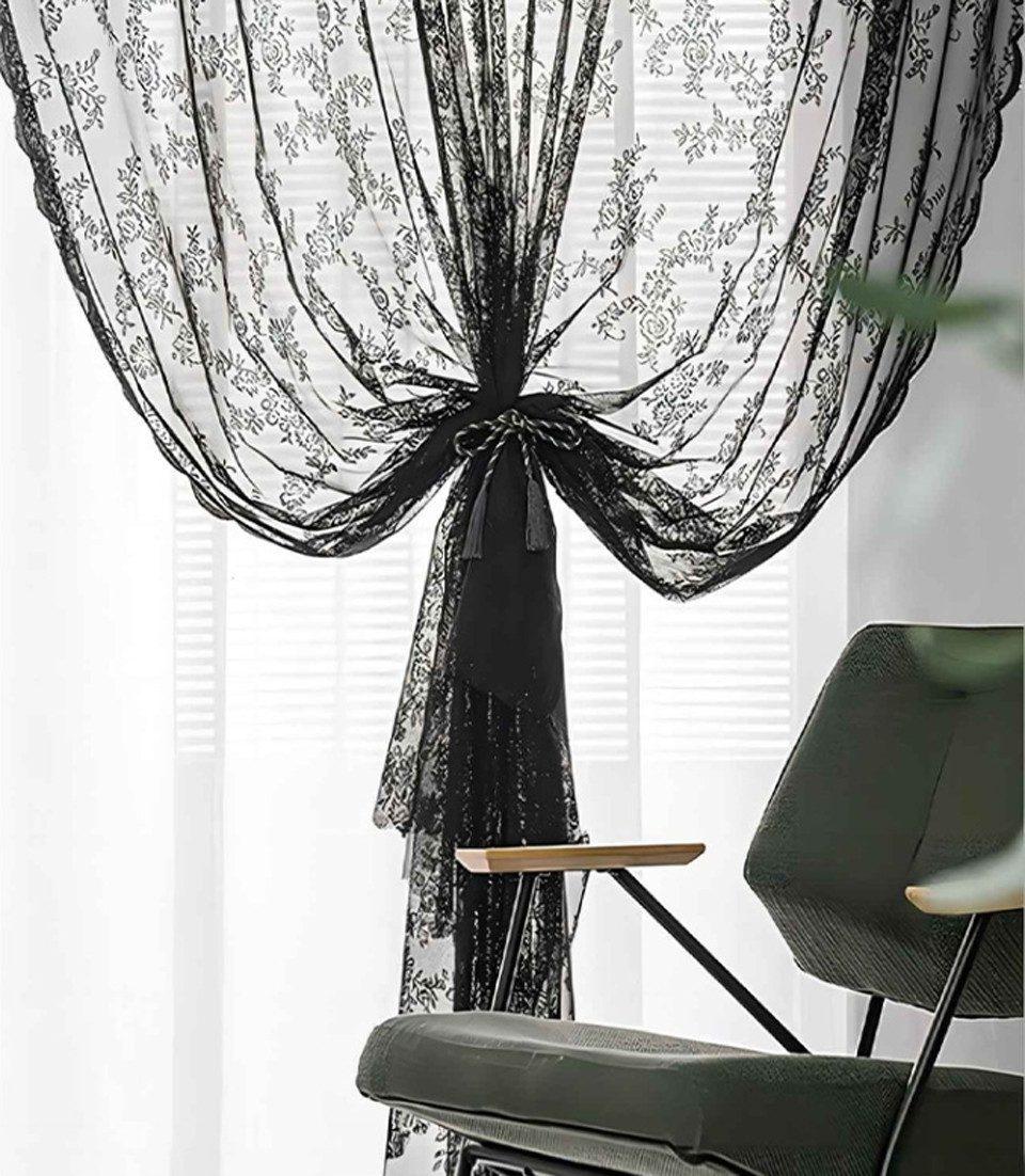 1 Pair Black Lace Curtain Semi-sheer Vintage Floral Pattern for Bedroom Living Room, W100cm x L140cm