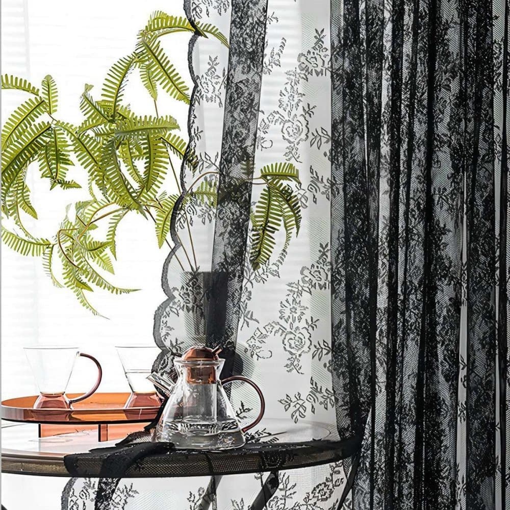 1 Pair Black Lace Curtain Semi-sheer Vintage Floral Pattern for Bedroom Living Room, W100cm x L140cm