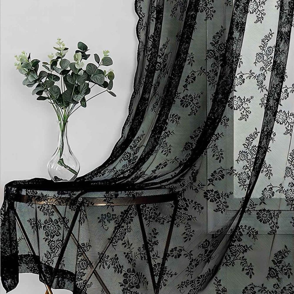 1 Pair Black Lace Curtain Semi-sheer Vintage Floral Pattern for Bedroom Living Room, W100cm x L140cm