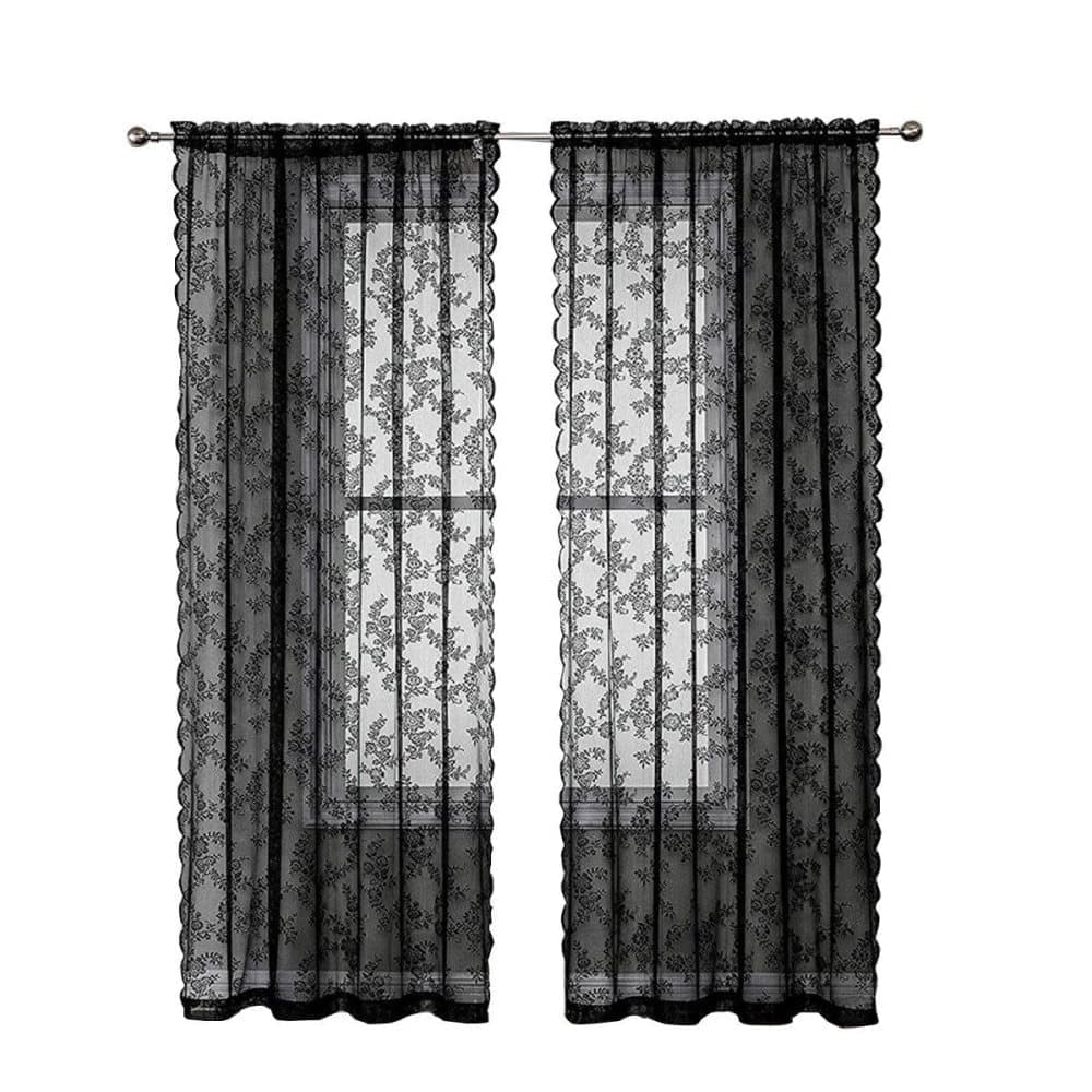 1 Pair Black Lace Curtain Semi-sheer Vintage Floral Pattern for Bedroom Living Room, W100cm x L200cm