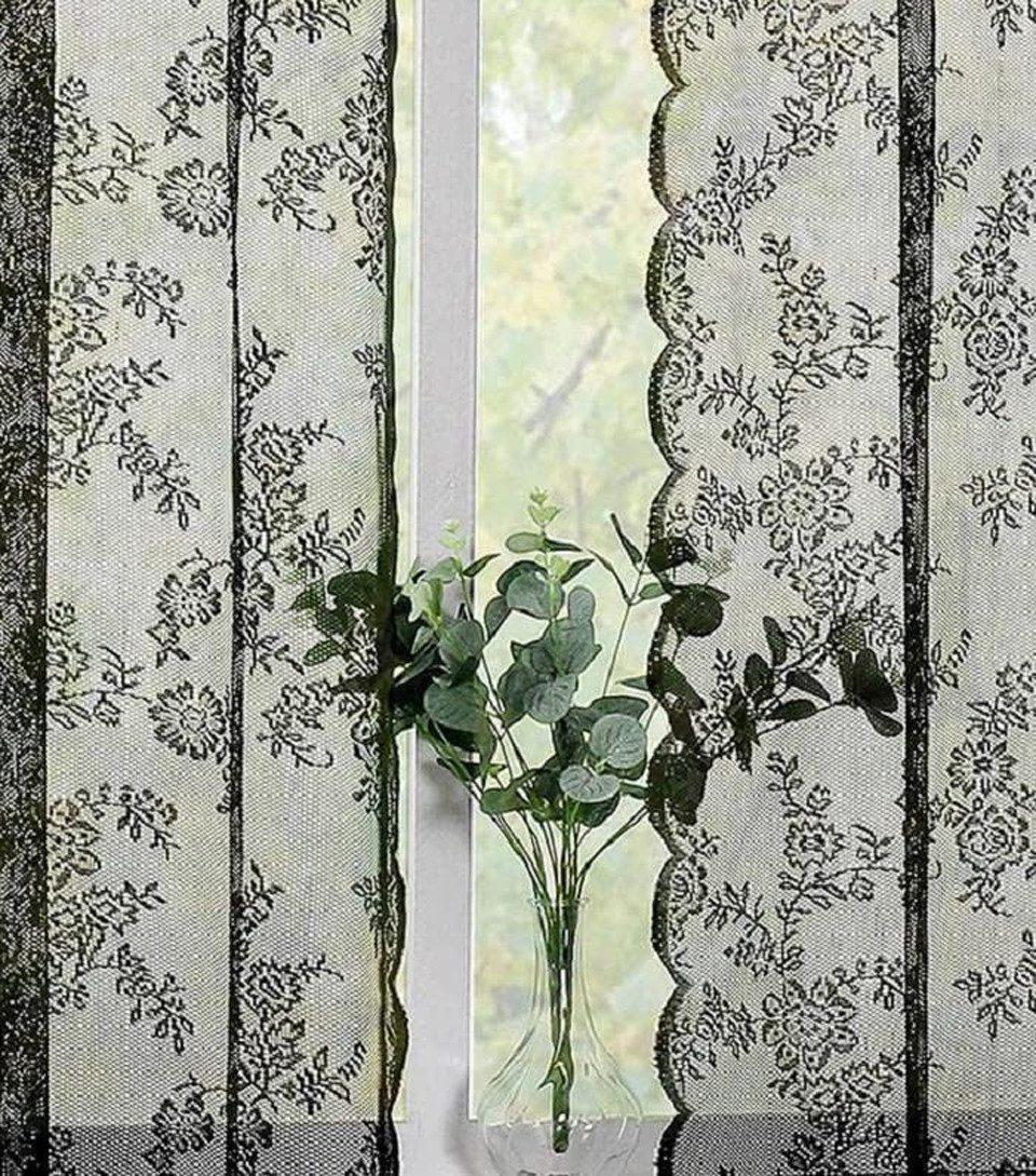 1 Pair Black Lace Curtain Semi-sheer Vintage Floral Pattern for Bedroom Living Room, W100cm x L200cm