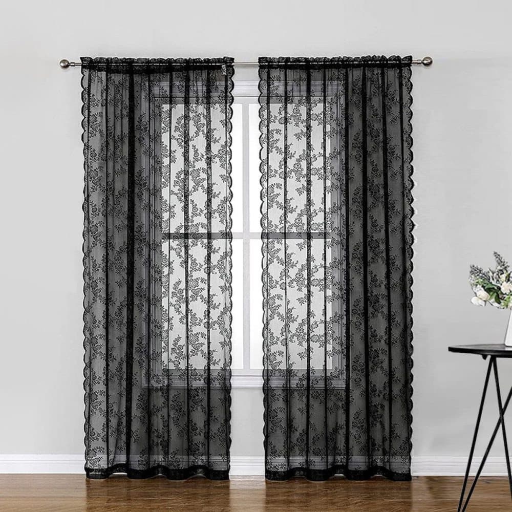 1 Pair Black Lace Curtain Semi-sheer Vintage Floral Pattern for Bedroom Living Room, W100cm x L200cm