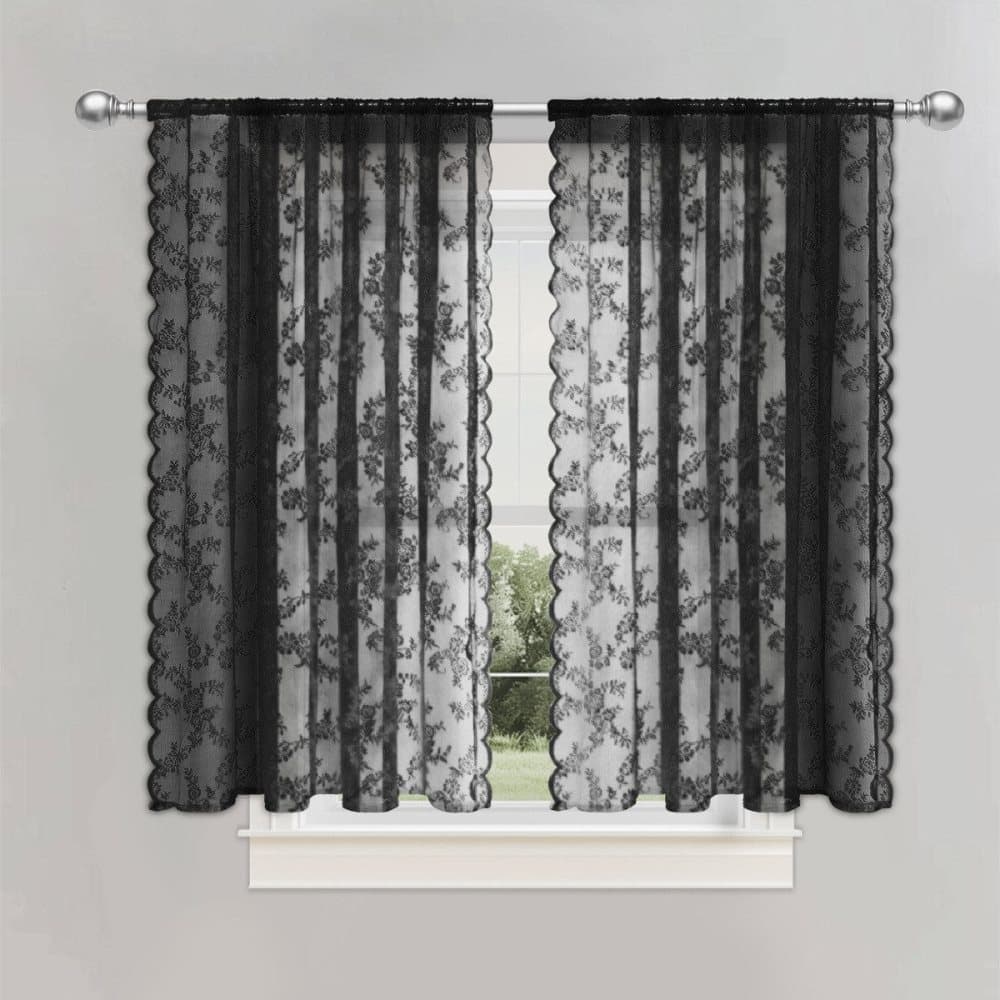 1 Pair Black Lace Curtain Semi-sheer Vintage Floral Pattern for Bedroom Living Room, W100cm x L200cm