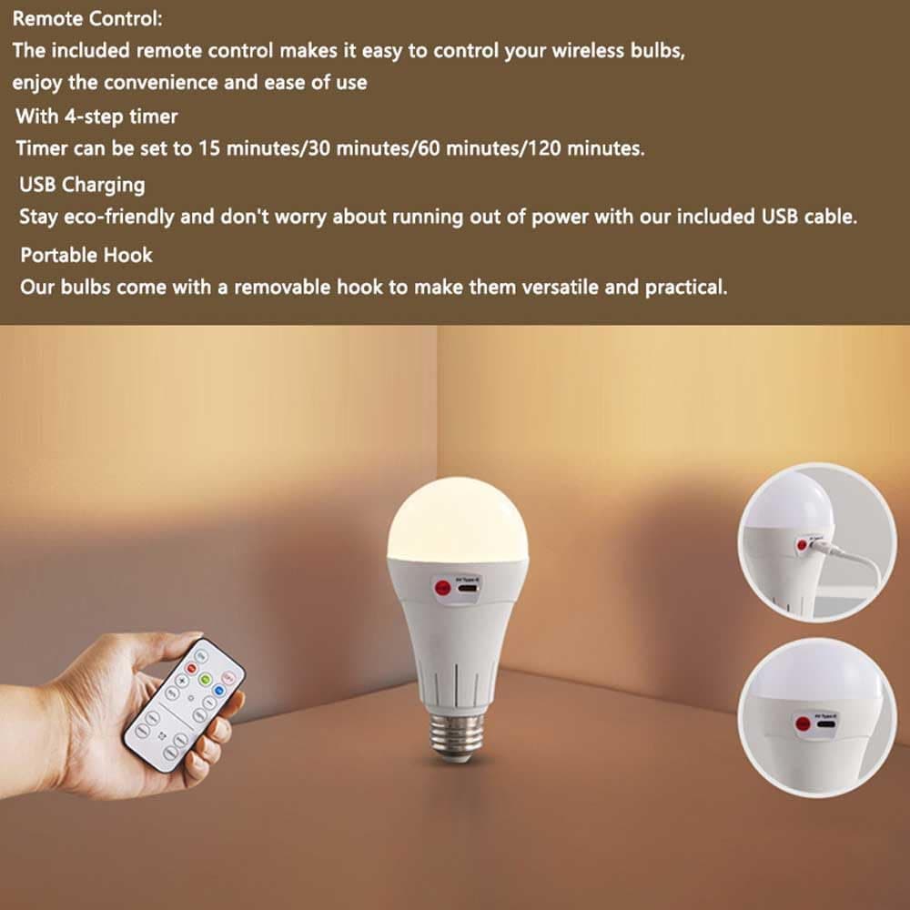 Rechargeable LED Bulb with 3 Color Temperatures 3000-6500K, Dimmable, Timer and Remote Control, E27 Lamp Holder, Wireless Night Light