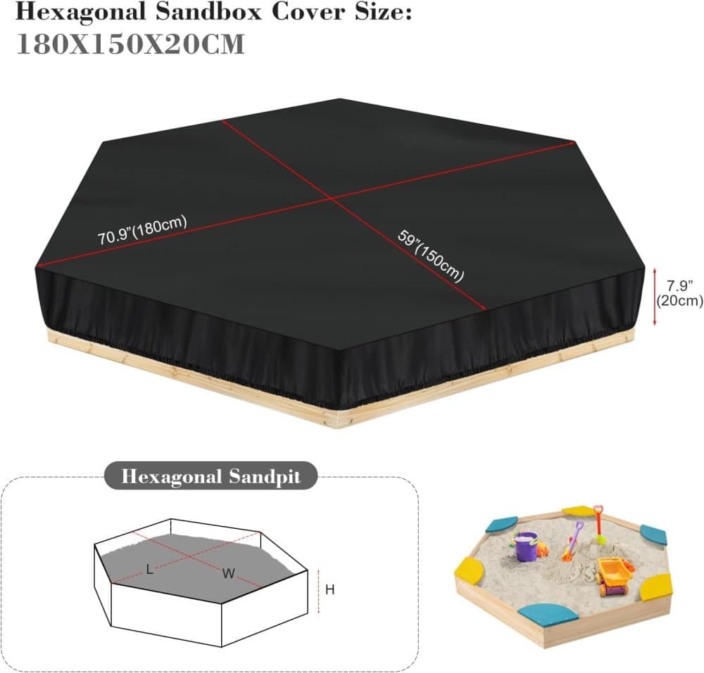 Hexagonal waterproof sandbox cover with drawstring, Oxford fabric, black, 180x150x20 cm