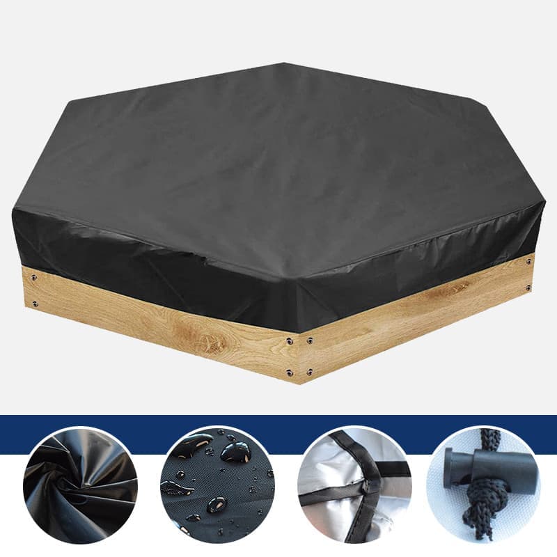 Hexagonal waterproof sandbox cover with drawstring, Oxford fabric, black, 180x150x20 cm