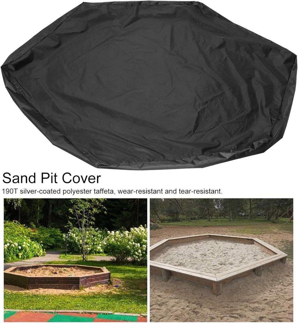 Hexagonal waterproof sandbox cover with drawstring, Oxford fabric, black, 180x150x20 cm