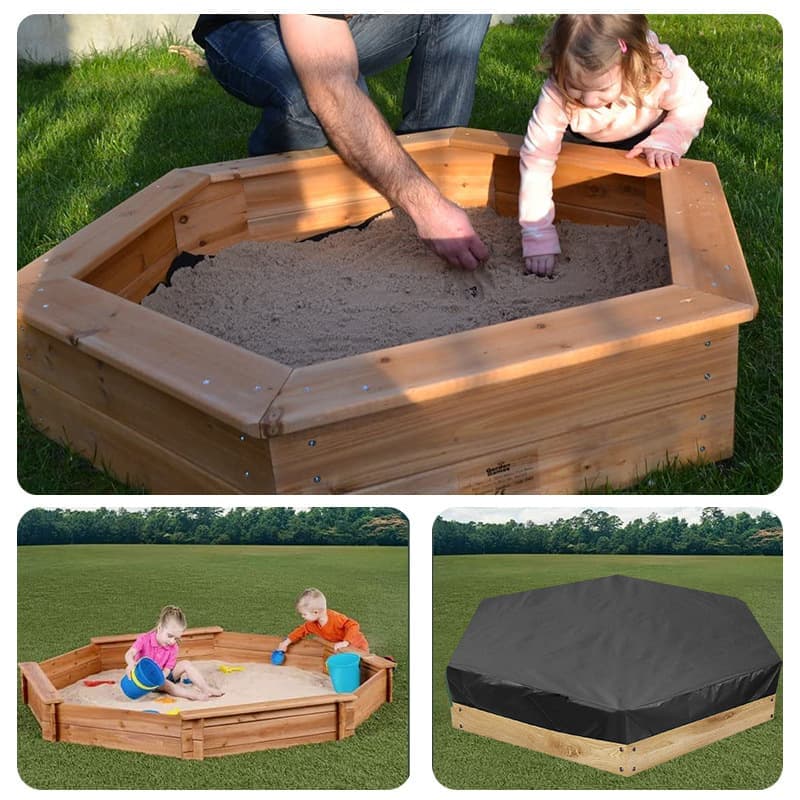 Hexagonal waterproof sandbox cover with drawstring, Oxford fabric, black, 180x150x20 cm