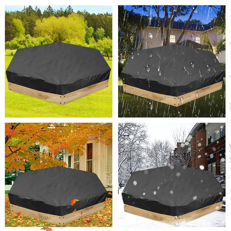 Hexagonal waterproof sandbox cover with drawstring, Oxford fabric, black, 180x150x20 cm