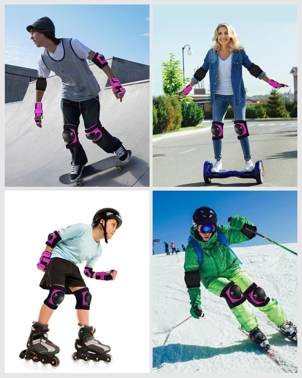 6-in-1 Protective Gear Set Adjustable Knee Elbow Wrist Guards for Roller Skating Skateboarding, One Size (Black)