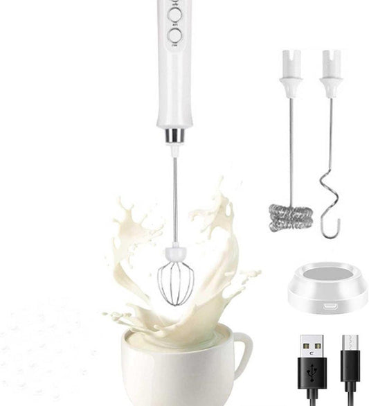 USB Rechargeable Electric Whisk with 3 Speeds, Egg Beater Milk Frother for Coffee and Cappuccino, Compatible with Most Brands, White