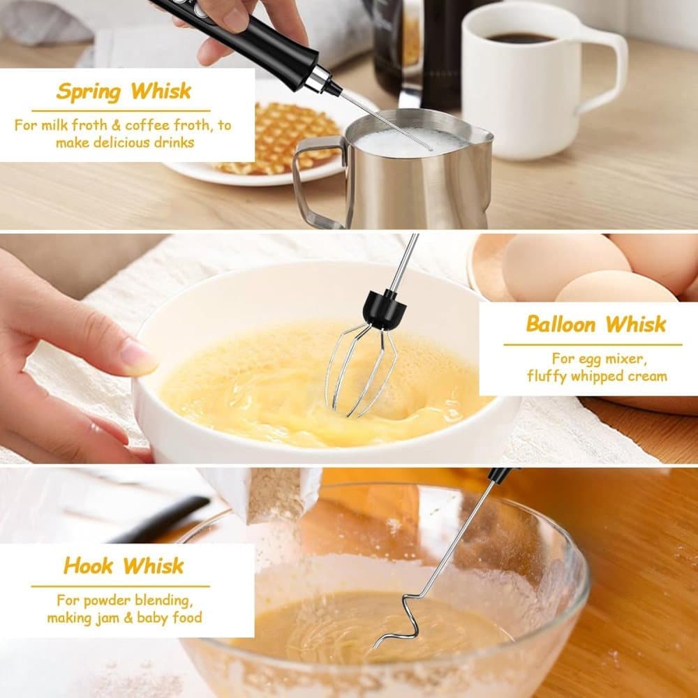 USB Rechargeable Electric Whisk with 3 Speeds, Egg Beater Milk Frother for Coffee and Cappuccino, Compatible with Most Brands, White