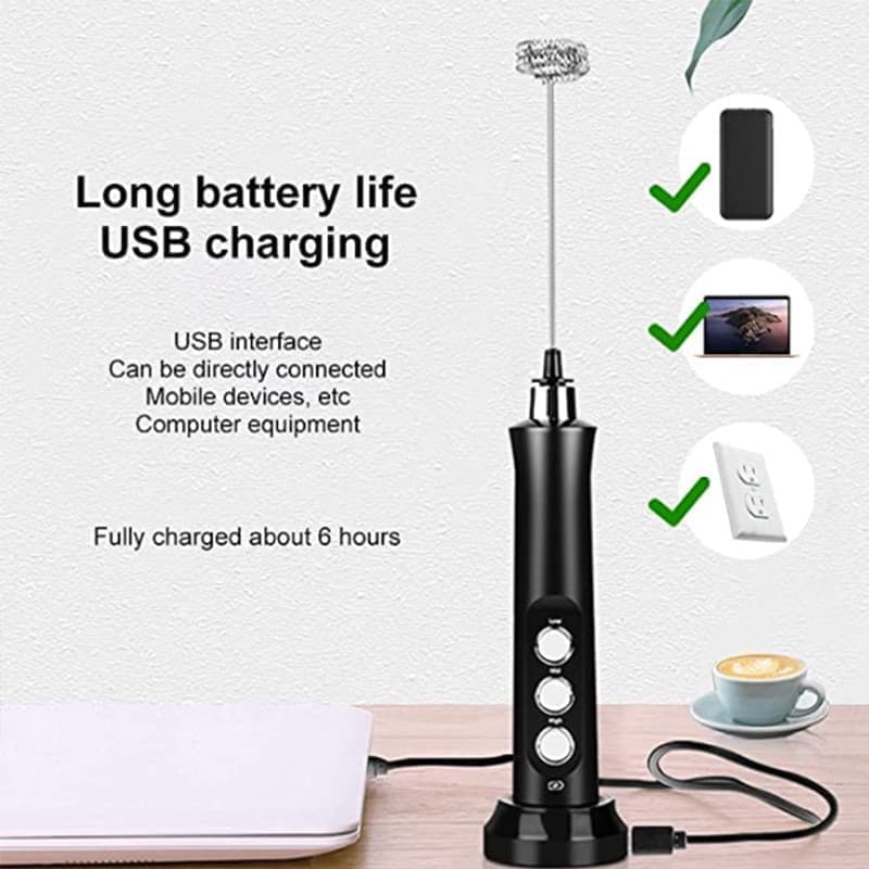 Electric Whisk USB Rechargeable with 3 Speeds, Egg Beater Milk Frother for Coffee and Cappuccino, Compatible with Most Brands, Black