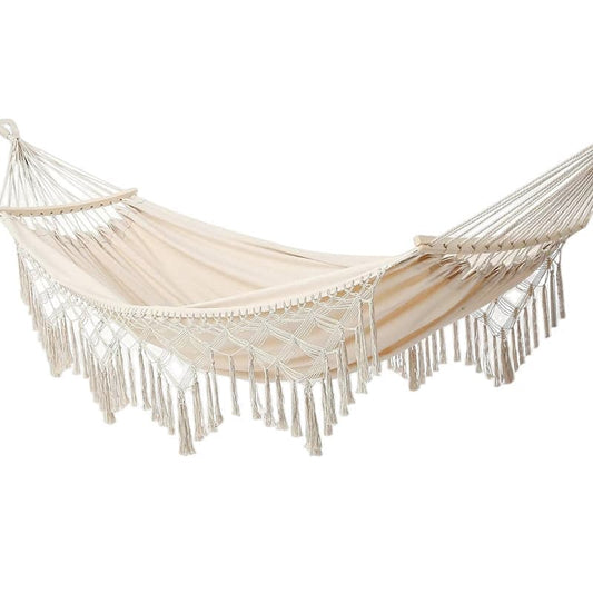 2-Person Bohemian Hammock with Fringes, 500 lbs Capacity, Cotton, Portable for Garden Patio Camping, Moon-Shaped Poles