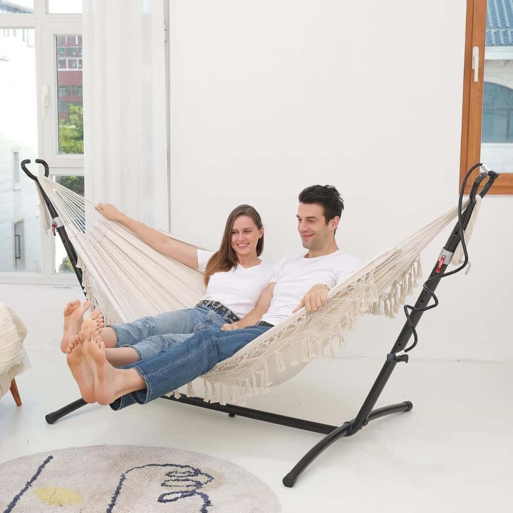 2-Person Bohemian Hammock with Fringes, 500 lbs Capacity, Cotton, Portable for Garden Patio Camping, Moon-Shaped Poles