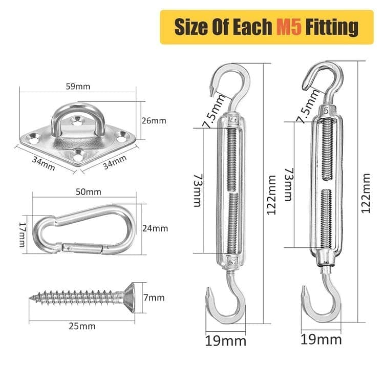 Sunshade Mounting Kit with Hooks Brackets Tension Screws Carabiners and Pad Eyes