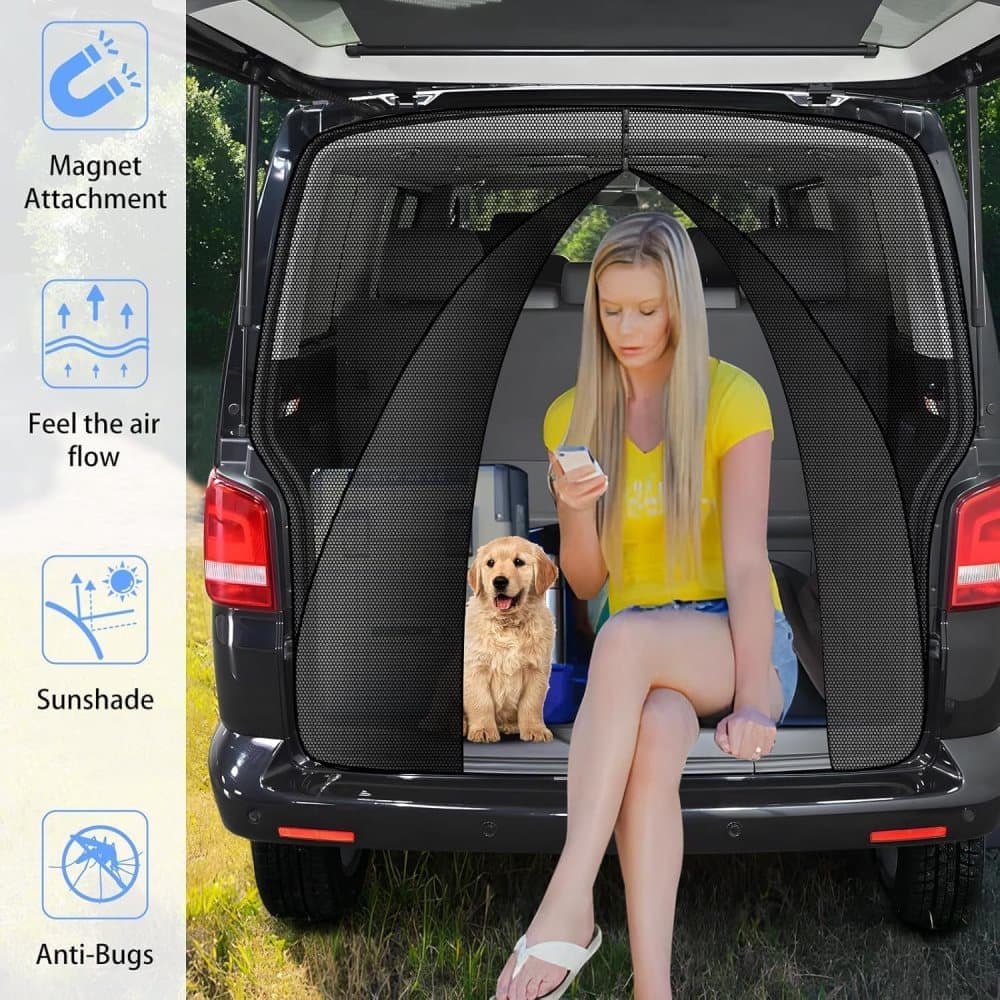 Universal Mosquito Net for Car Tailgate with Magnetic Attachment, Black, 210x165cm, Mosquito and Sun Protection for Camping and Motorhome Outdoors