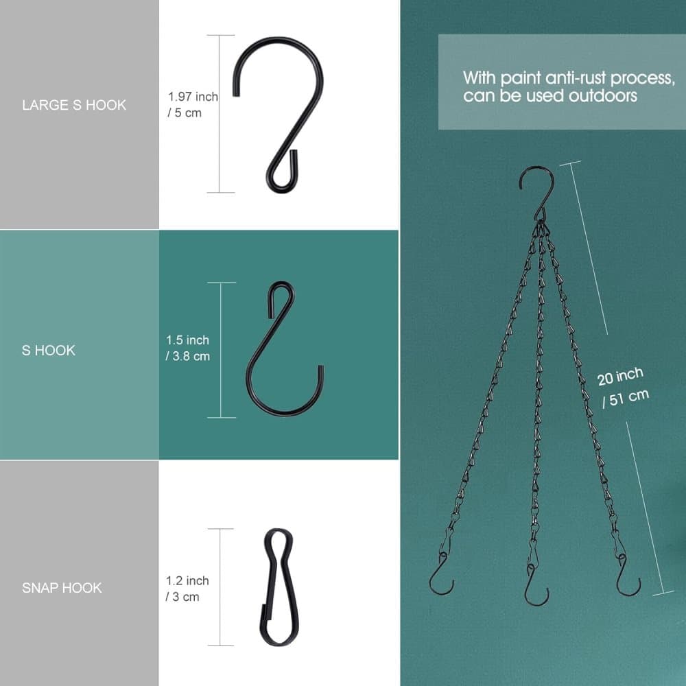 3-Pack Metal Hanging Chains for Plant Supports Bird Feeders Lanterns Wind Chimes with Strong Hooks, Outdoor Use