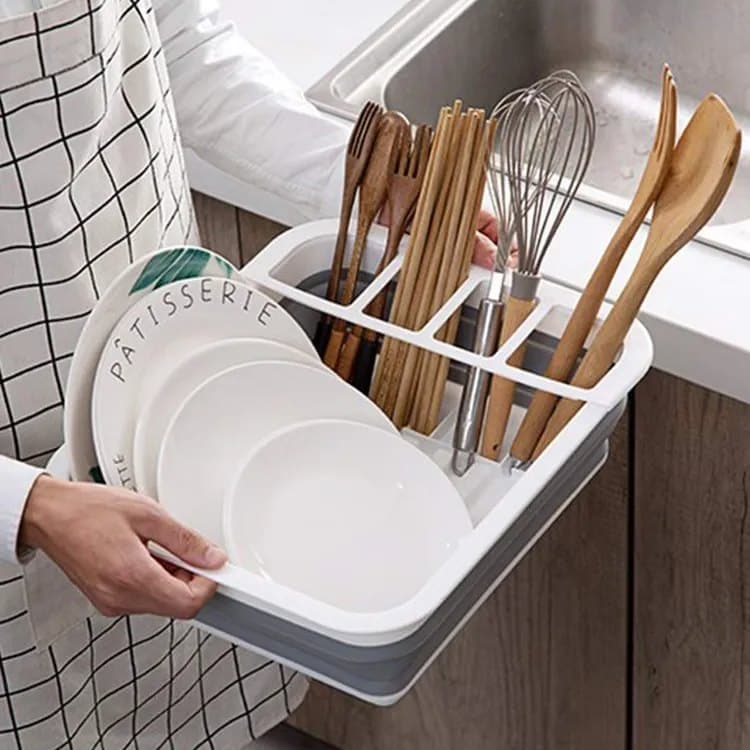 Foldable Dish Rack, gray plastic draining tray for kitchen and camping, 36.5 cm