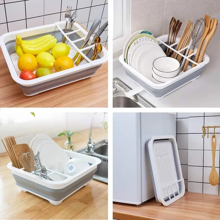 Foldable Dish Rack, gray plastic draining tray for kitchen and camping, 36.5 cm