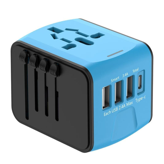 Universal Travel Adapter with 3 USB and 1 Type-C Fast Charging, Compact Portable Plug Converter for Multiple Countries, Blue