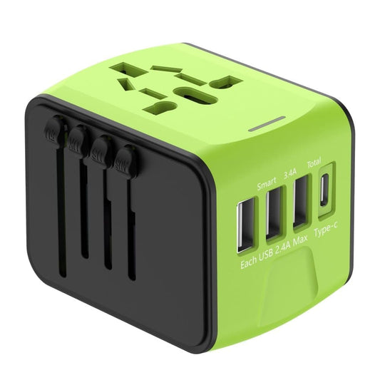 3-in-1 Universal Travel Adapter with 3 USB and 1 Type-C Fast Charging, Compact Portable Plug Converter for Multiple Countries, Green