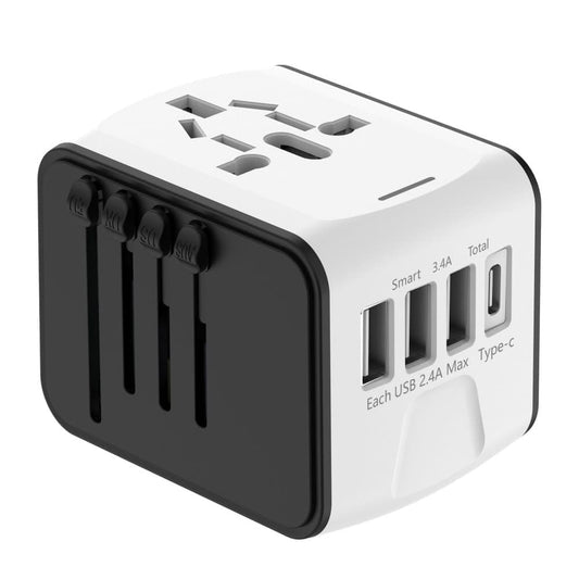 Universal Travel Adapter with 3 USB and 1 Type-C Fast Charging, Compact Portable Converter for Multiple Countries, White