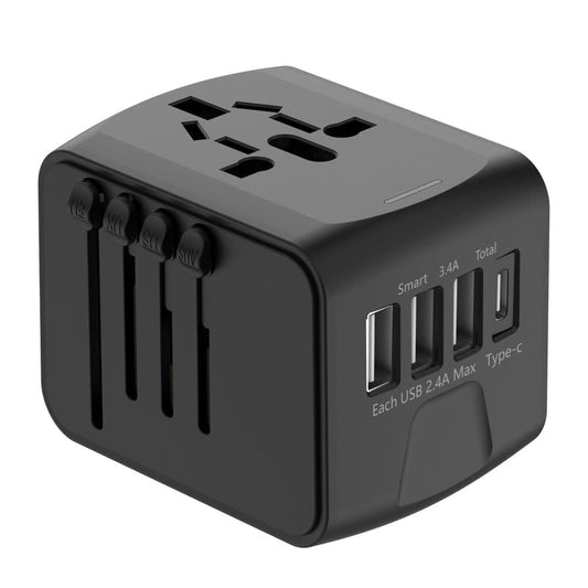Universal Travel Adapter with 3 USB and 1 Type-C Fast Charging, Compact Portable Converter for Multiple Countries, Black