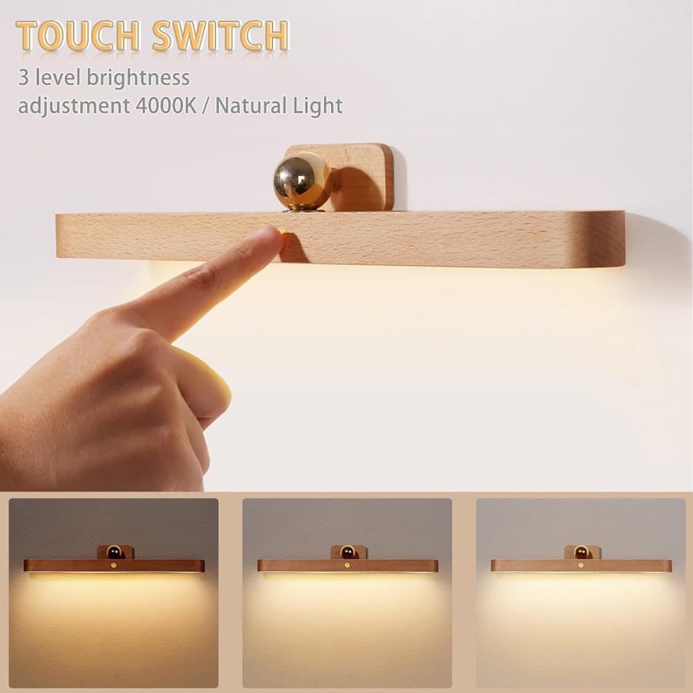 Wooden LED Wall Lamp 360 Degree Rotatable Magnetic Dimmable Night Light with USB Charging, Decorative Indoor Lighting for Home