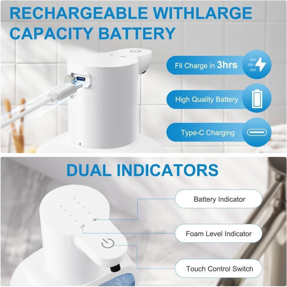 500ml Rechargeable Automatic Soap Dispenser Wall Mounted with 4 Levels, Compatible with Kitchen and Bathroom