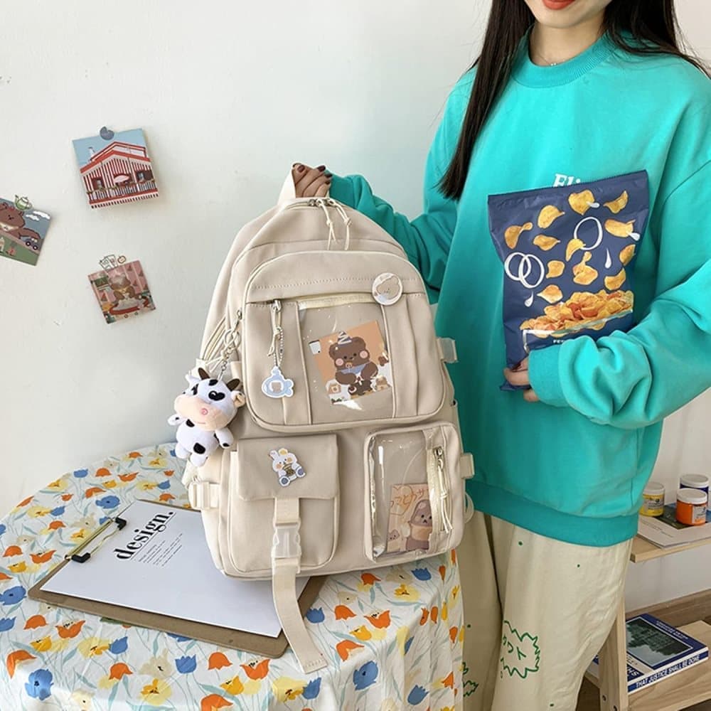 1 Children's Cute Beige Backpack with Pins and Plush Pendant, Waterproof School Travel Backpack for Girls