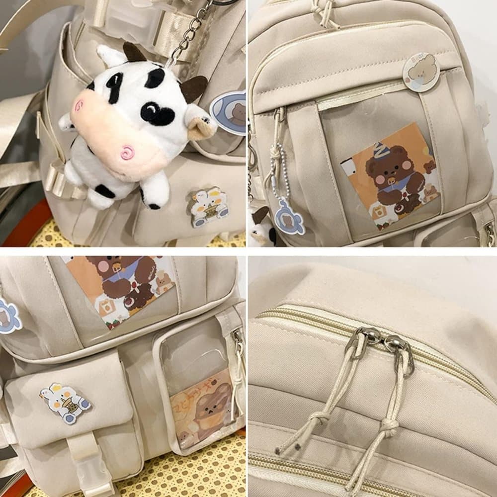 1 Children's Cute Beige Backpack with Pins and Plush Pendant, Waterproof School Travel Backpack for Girls