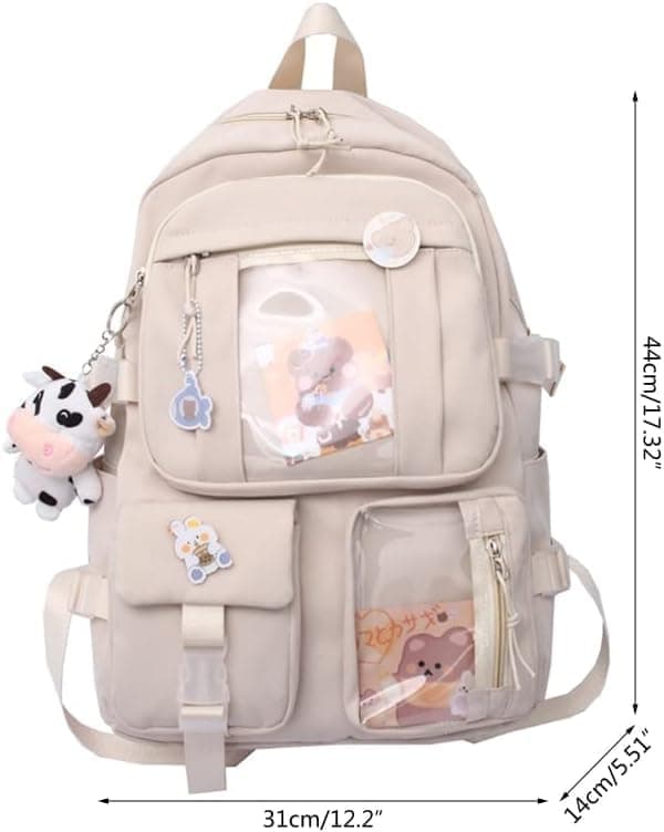 Pink Children Backpack with Pins and Plush Pendant, Spacious Waterproof School Travel Backpack for Girls