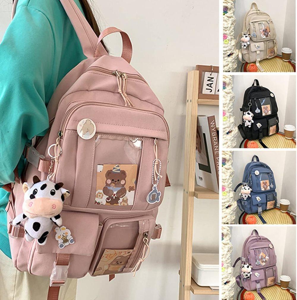 Pink Children Backpack with Pins and Plush Pendant, Spacious Waterproof School Travel Backpack for Girls