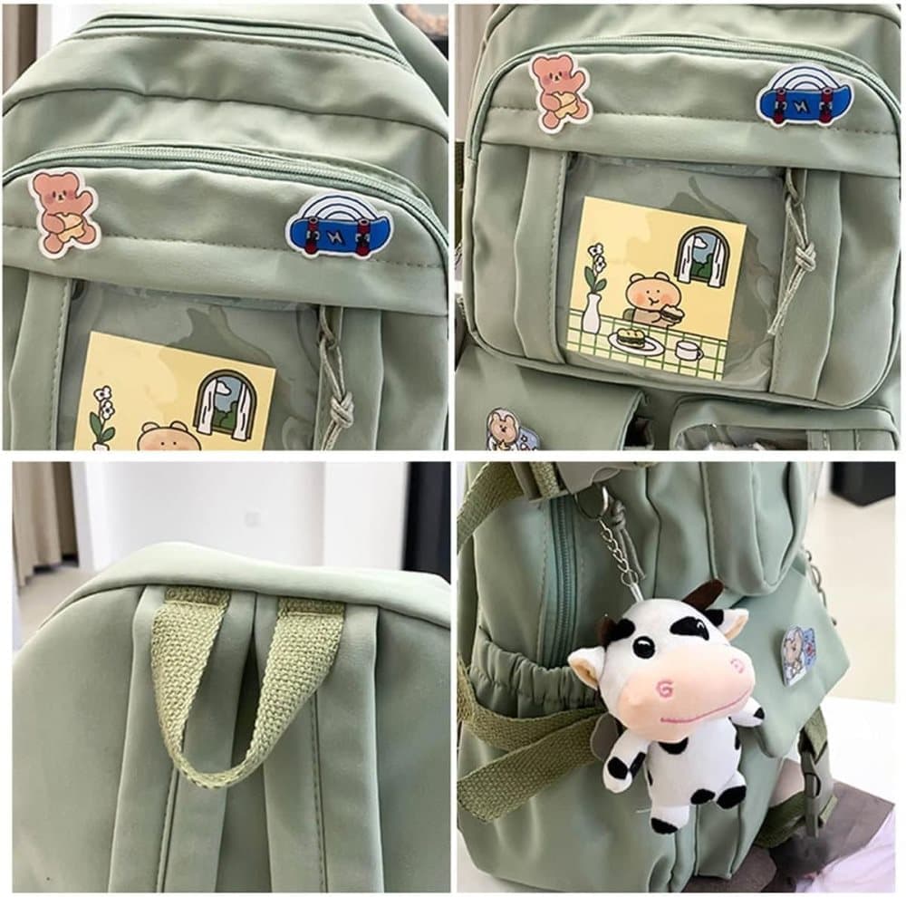 1 Black Children's Cute Backpack with Pins and Plush Pendant, School Travel Backpack for Girls, Waterproof