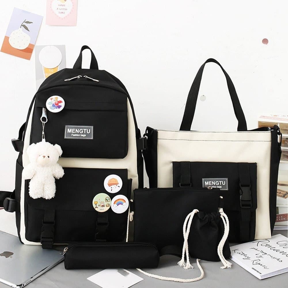 5-Piece School Backpack Set for Students and Teenagers, Black