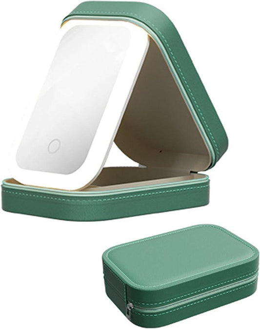 Portable Makeup Bag with LED Mirror, 3 Light Modes & Storage Compartment, Travel Cosmetic Organizer for Women, Green