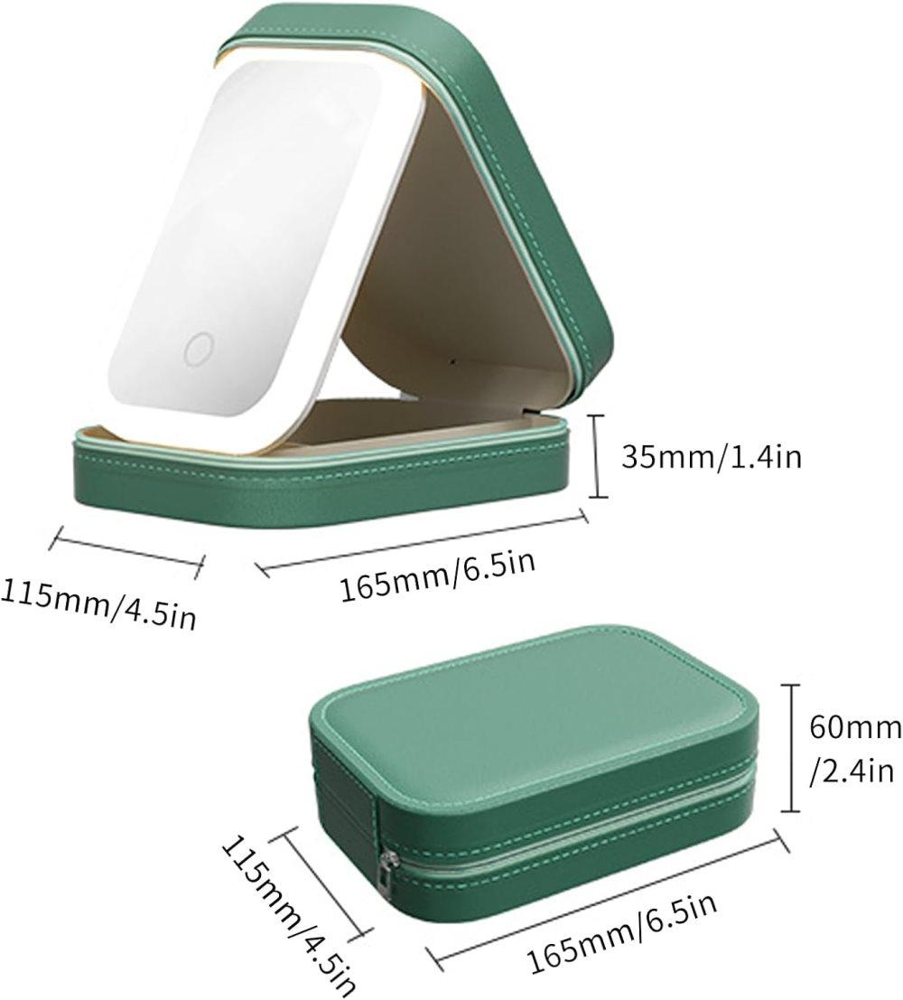 Portable Makeup Bag with LED Mirror, 3 Light Modes & Storage Compartment, Travel Cosmetic Organizer for Women, Green
