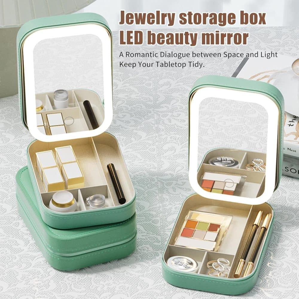 Portable Makeup Bag with LED Mirror, 3 Light Modes & Storage Compartment, Travel Cosmetic Organizer for Women, Green
