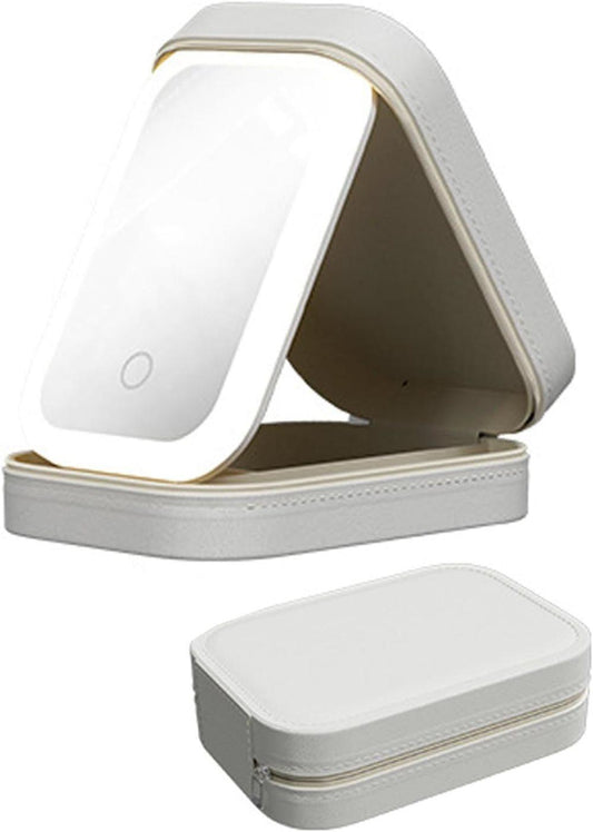 Portable Makeup Bag with LED Mirror 3 Light Modes, Travel Cosmetic Organizer for Women, White
