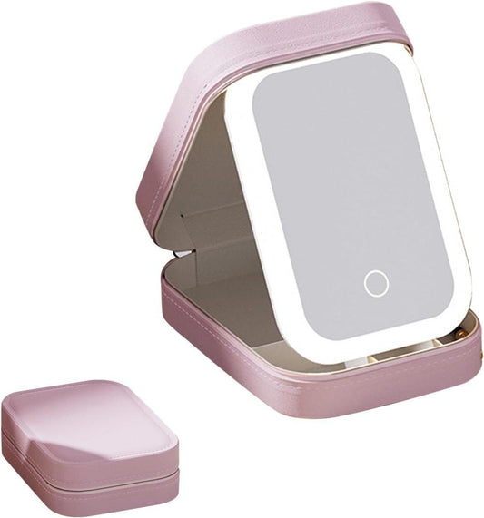 Portable Makeup Bag with LED Mirror 3 Light Modes, Travel Cosmetic Organizer for Women, Pink