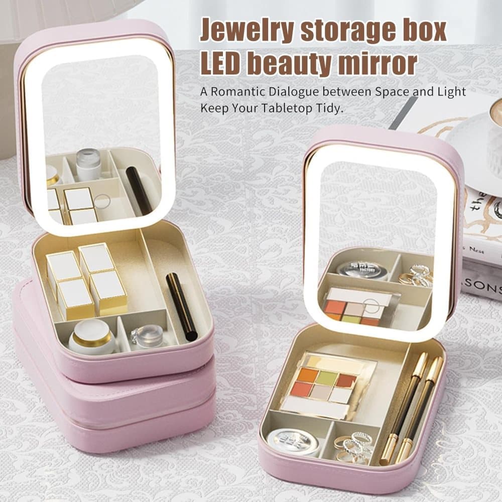 Portable Makeup Bag with LED Mirror 3 Light Modes, Travel Cosmetic Organizer for Women, Pink