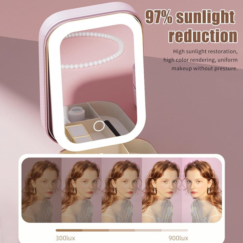 Portable Makeup Bag with LED Mirror 3 Light Modes, Travel Cosmetic Organizer for Women, Pink