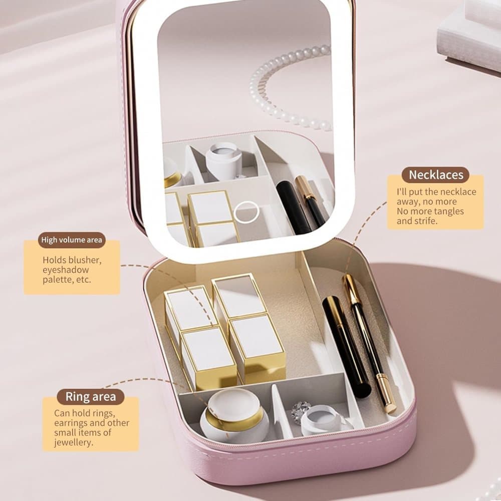 Portable Makeup Bag with LED Mirror 3 Light Modes, Travel Cosmetic Organizer for Women, Pink