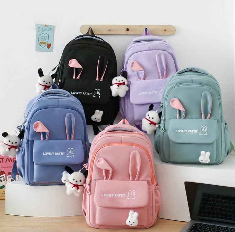 Cute Rabbit Ears School Backpack for Girls 4-Piece, Large Space with Multiple Compartments, Purple